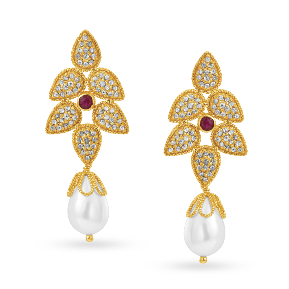 

Leaf Motif Pearl And Ruby Gold Drop Earrings