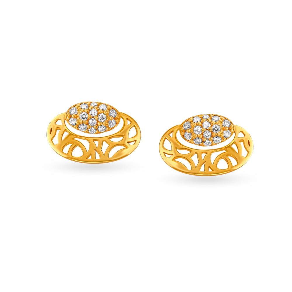 Oval Jali Work Gold Stud Earrings with Stones